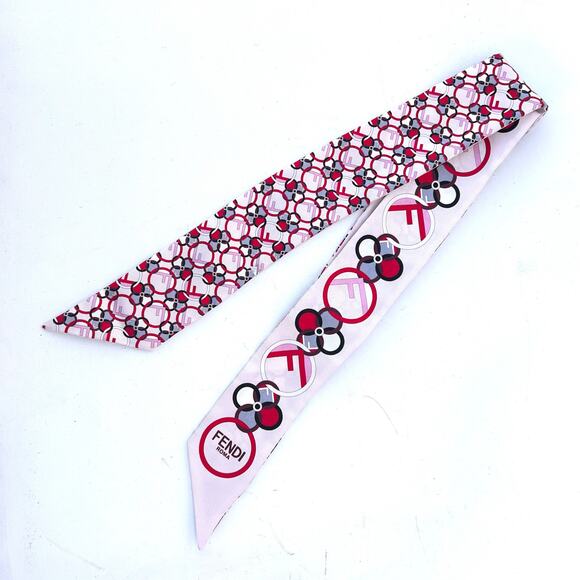 Fendi Roma Silk Twilly Wrappy Scarf Logo Flowerland Pink Red Circle Designer - Picture 1 of 7